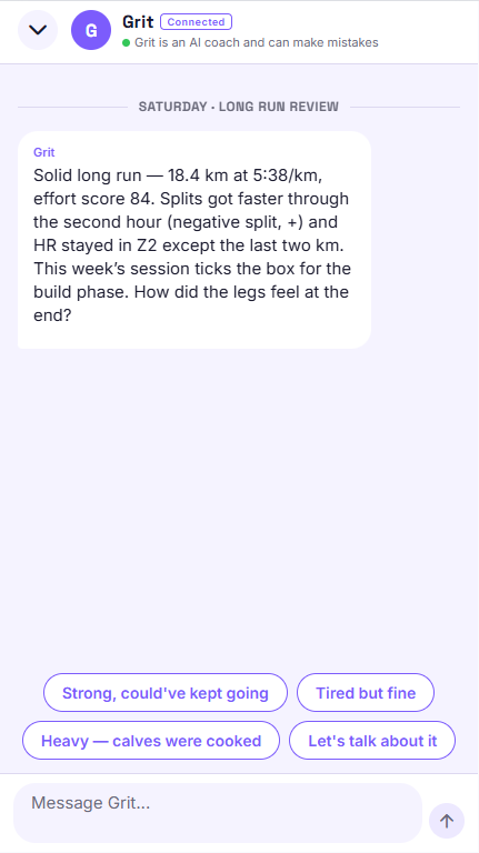 Saturday long-run review from Grit summarising 18.4 km, splits, HR zones, with quick-reply chips.