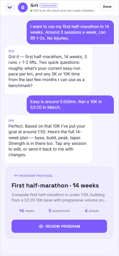 Chat with Grit drafting a 14-week half-marathon program, ending in a program proposal card.