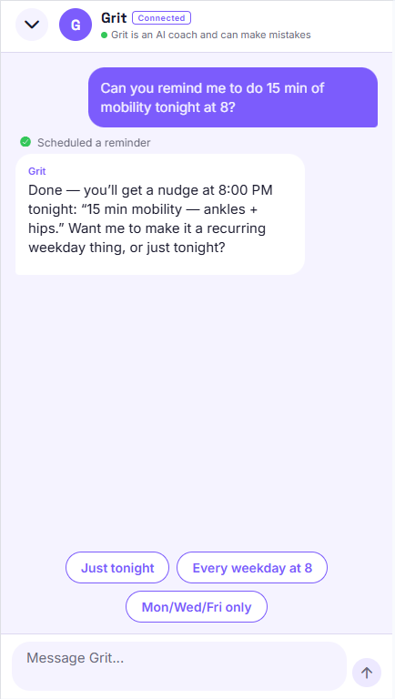 Grit confirming a 15-minute mobility reminder for 8 PM tonight, with recurring options.